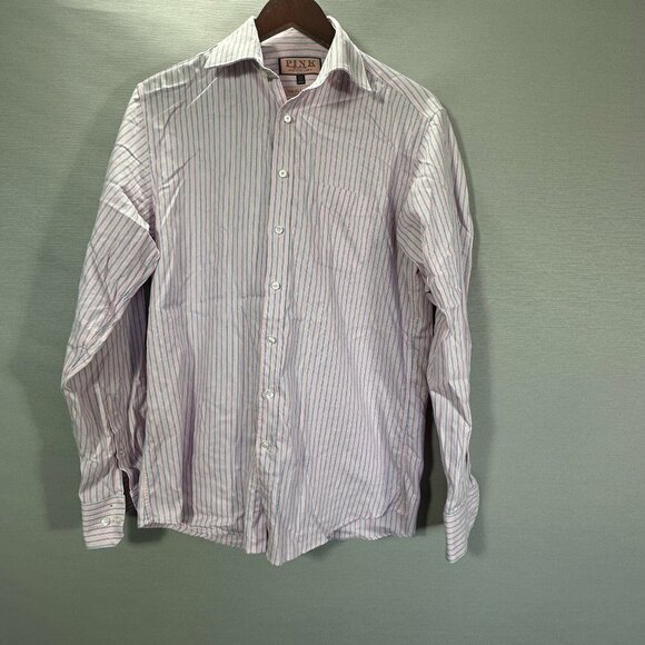 Thomas Pink Shirt Mens 15.5 Slim Fit Traveller Pink Blue Stripe Cotton Button Up - Picture 1 of 7